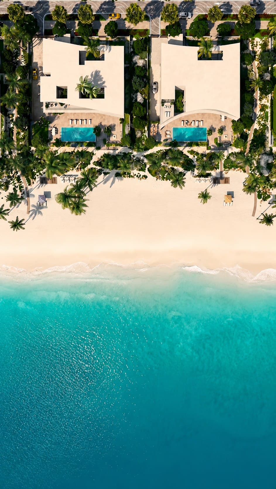 Aerial view of beachfront villas with private pools and direct beach access at Marsa Al Saadiyat