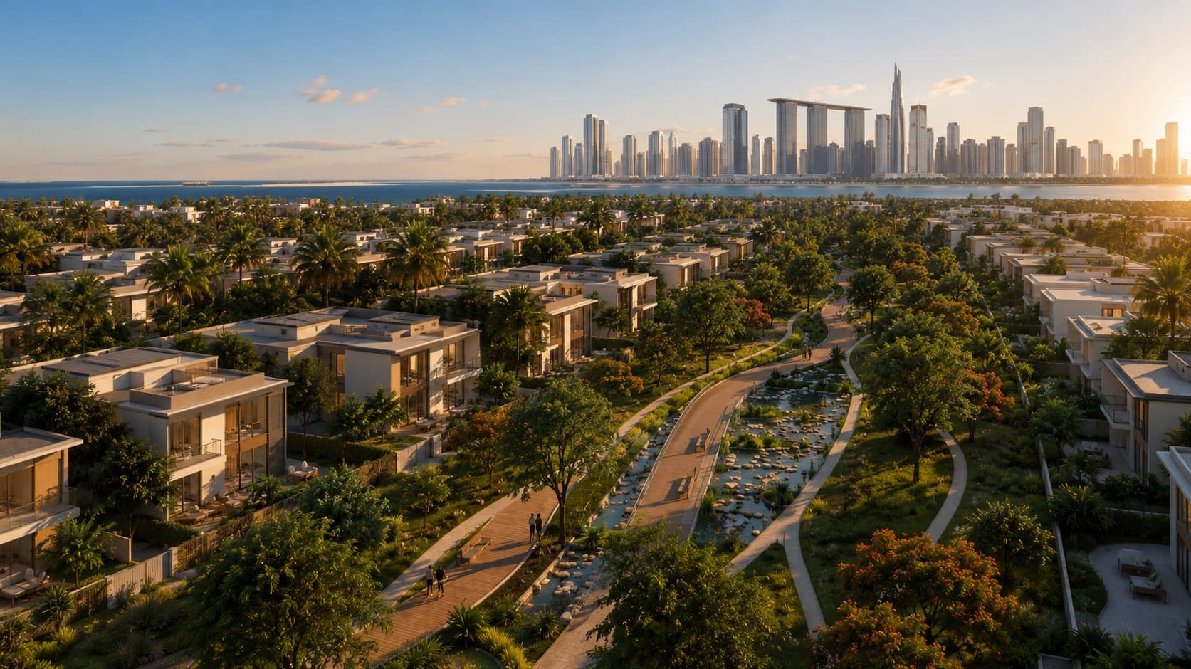 Landscaped parks and walking paths within the Marsa Al Saadiyat community